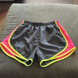 Nike, gray, pink and neon yellow, running shorts